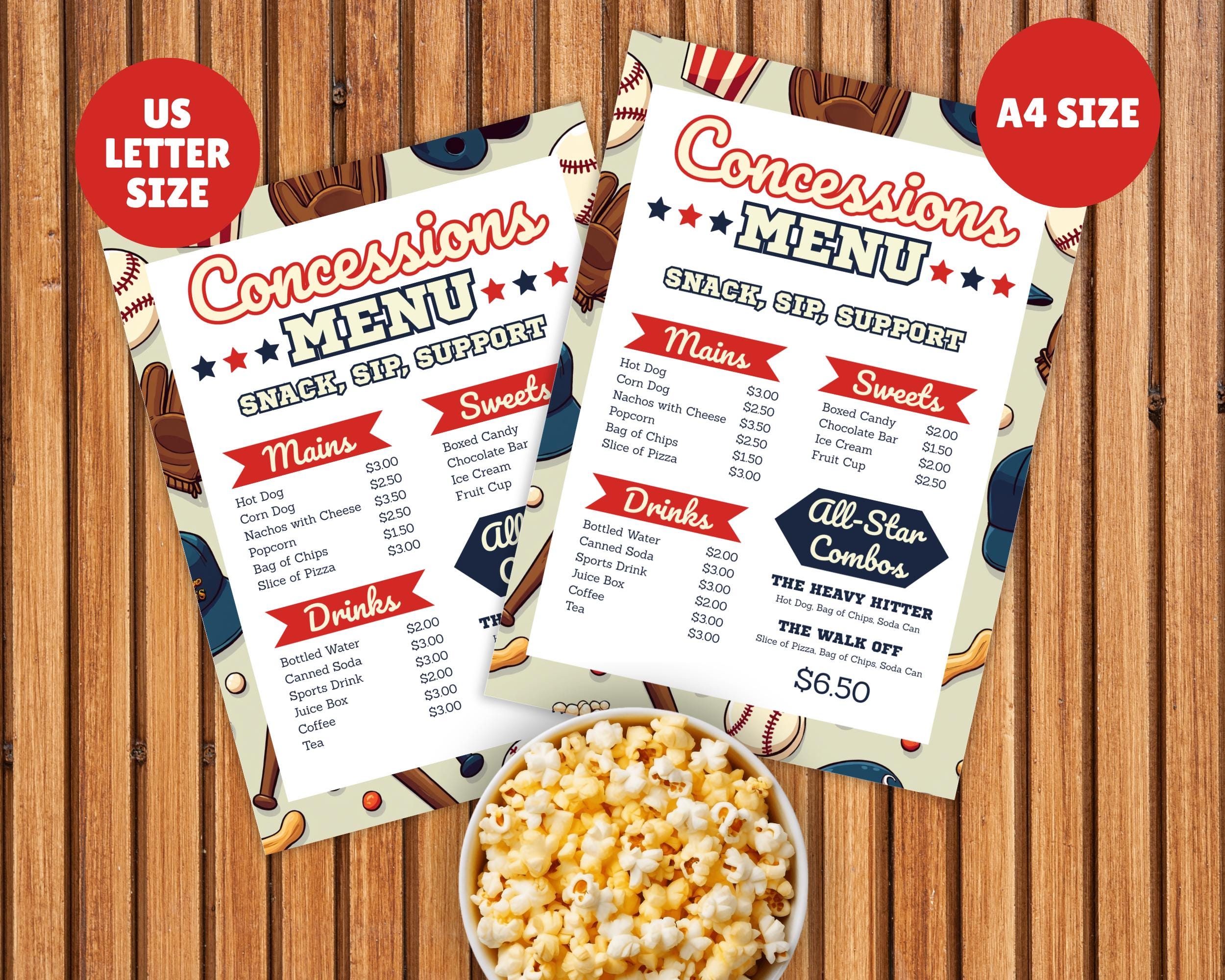 Baseball Concessions Menu Template, Editable Food Menu, Printable Game ...