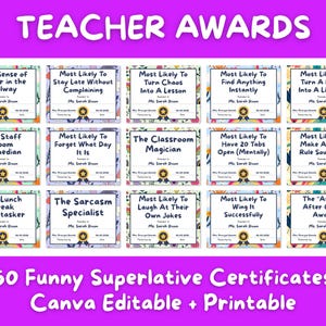 Puede incluir: Un conjunto de 50 certificados de superlativos divertidos para profesores. Cada certificado presenta un título único, como "Mejor sentido del humor en el pasillo" y "El especialista en sarcasmo". Los certificados son editables e imprimibles en Canva.
