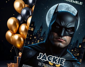 Superhelden-Geburtstagseinladung: Dark Knight, bearbeitbare Canva-Vorlage (digitaler Download)