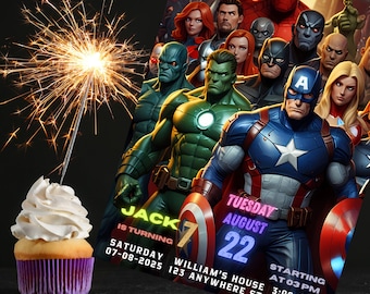 Unterschiedliche 3 Design-Geburtstags-Einladung | Superheld-Party-Vorlage | Bearbeitbar & druckbar in Canva - Instant Download