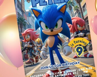 Super Igel-Geburtstagseinladung: Sonic Party, bearbeitbare Canva-Vorlage