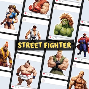May include: A collage of images featuring characters from the Street Fighter video game series. The characters are depicted in a variety of poses and expressions, including Ryu, Chun-Li, Ken, and Sagat. The images are arranged in a grid pattern, with the text "STREET FIGHTER" displayed prominently in the centre.