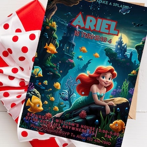 3 Pieces Birthday Mermaid Ariel Invitation | Digital Template | Editable & Printable in Canva - Instant Download