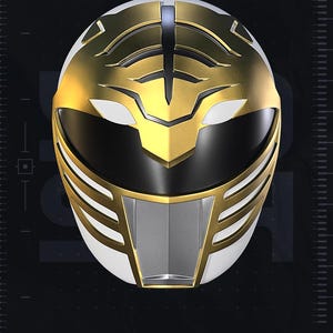 May include: A white and gold helmet featuring a stylized tiger design on the forehead, a black visor, and a silver mouthplate. The helmet includes text markings such as 2026, TEST PRINTED, AMS COLORED STL, PATREON.COM/YOSHSTUDIOS, and YOSH STUDIOS.