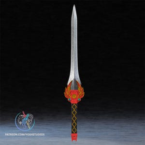 May include: A detailed sword with a silver blade and a red and gold hilt. The hilt features a black grip with a diamond pattern and a red pommel. The blade has etched designs. The text "PATREON.COM/YOSHSTUDIOS" is visible.