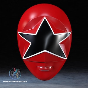 May include: A red mask with a black star-shaped visor outlined in white. The mask has a smooth, glossy finish and a small, curved mouth detail. The text "PATREON.COM/YOSHSTUDIOS" is visible at the bottom.