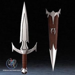 May include: A silver and brown dagger with a matching sheath. The dagger has a silver blade and guard, with a brown leather-wrapped handle. The sheath is brown with silver accents and a silver tip. The text "PATREON.COM/YOSHSTUDIOS" is visible.