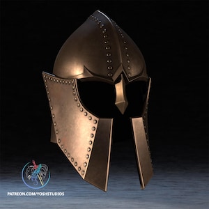 May include: A bronze helmet with a pointed top and a face guard. The helmet has a textured surface and is decorated with rivets.