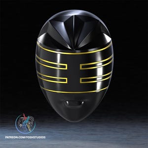 May include: A black helmet with a smooth, glossy finish featuring a faceted top section and three horizontal gold-colored stripes across the front. The lower portion of the helmet is solid black with a small indentation. Text reads PATREON.COM/YOSHSTUDIOS.