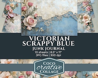 Viktorianskt blått scrappypapper, skräpjournal, sidor, blommigt, vintage, shabby, hantverk, utskrivbart, digitalt