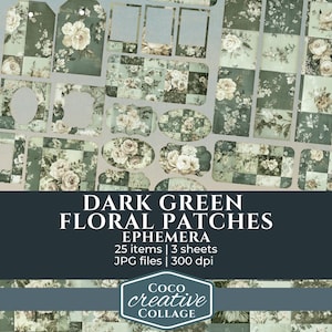Vintage vert floral patchwork Junk Journal en téléchargement numérique, éphémères botaniques sombres, patchs en papier vintage, étiquettes imprimables, étiquettes, cadres
