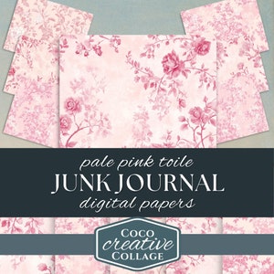 Papiers numériques toile rose pâle, roses et blanc, fleurs vintage, 8 pages numériques de journal indésirable, éphémères imprimables, feuille de collage 11 x 8,5