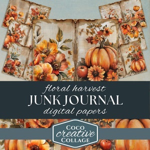 Papel de diário de colheita floral de outono, itens efêmeros para impressão, 8 páginas digitais, folha de colagem, flores laranja e vermelhas, abóboras