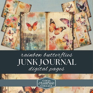 Vintage Regenbogen Schmetterling Junk Journal Kit mit 8 digitalen Seiten, druckbare Ephemera, helle botanische Collage Sheet