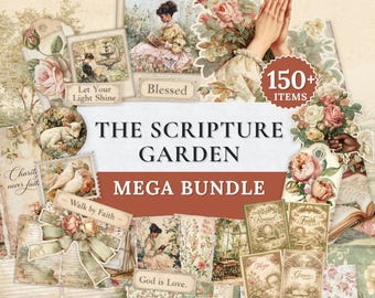Scripture Garden Junk Journal Kit | KJV Christian Printable Ephemera, Prayer Cards, Botanical Pages