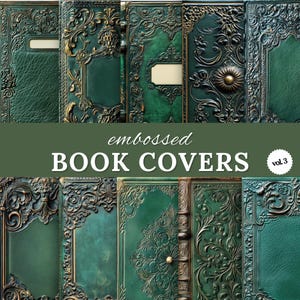 Antique Embossed Covers for Junk Journals, 10 Green Victorian Journal Toppers, Vintage Scrapbooking, Leather Collage Cover, Printable, Diary