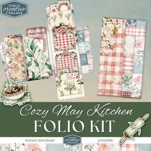 Kit folio de journal indésirable pour la cuisine confortable, folio de recettes imprimable, album de cuisine vintage, produits éphémères pour la pâtisserie, pochette à trois volets Cottagecore, mai
