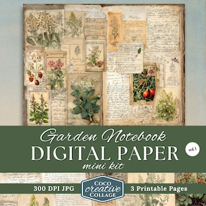 Op de afbeelding: Een digitale papieren mini-kit getiteld "Garden Notebook" met botanische illustraties en handgeschreven notities. Het ontwerp bevat verschillende bloemen- en plantafbeeldingen, met de tekst "DIGITAL PAPER" en "mini kit". De afbeelding bevat ook de tekst "300 DPI JPG" en "3 Printable Pages".