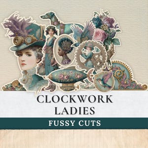 クロックワーク・レディース – スチームパンク・ガール・ファジーカット｜ビクトリアン・プリント・エフェメラ、ジャンクジャーナル装飾