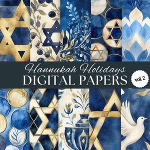Digitale papierkit Chanoeka - deel 2, 10 abstracte judaica ongewenste dagboekpagina's, aquarel menora scrapbookingpapier