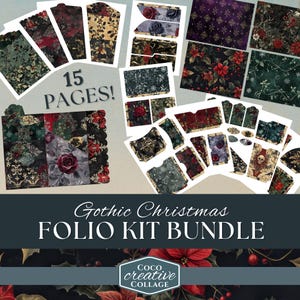 Folio pour carnet de Noël gothique, éphémères de Noël imprimables Dark Academia, kit de bricolage, poches à trois volets, scrapbooking sombre des fêtes