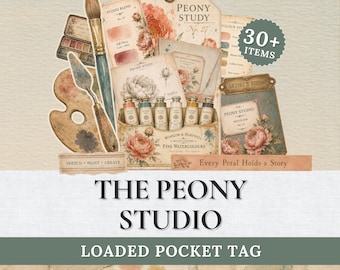 Peony Studio Loaded Pocket Tag | Printable Artist Journal Kit | Vintage Art Ephemera | Paint Palette Craft