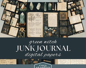 Può includere: Pacchetto di carta digitale a tema strega verde. Le carte presentano immagini di libri antichi, cristalli, erbe e altri elementi di stregoneria. Le carte sono perfette per creare journal di scarto, planner e altri progetti creativi.