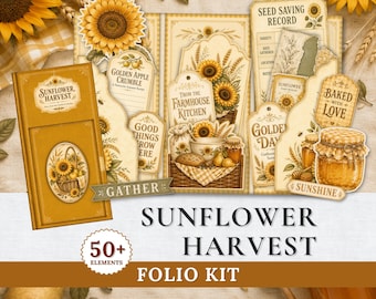 Sunflower Harvest Trifold Folio Kit, Farmhouse Junk Journal Printable, Recipe Cards, Pockets, Vintage Ephemera, Autumn Papercraft