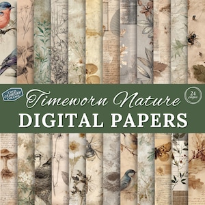 Timeworn Nature Digital Papers, Neutral Printable Botanical Junk Journal Pages, Distressed Vintage Download Birds Bees Edith Holden Diary