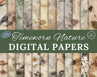 Timeworn Nature Digital Papers, Neutral Printable Botanical Junk Journal Pages, Distressed Vintage Download Birds Bees Edith Holden Diary