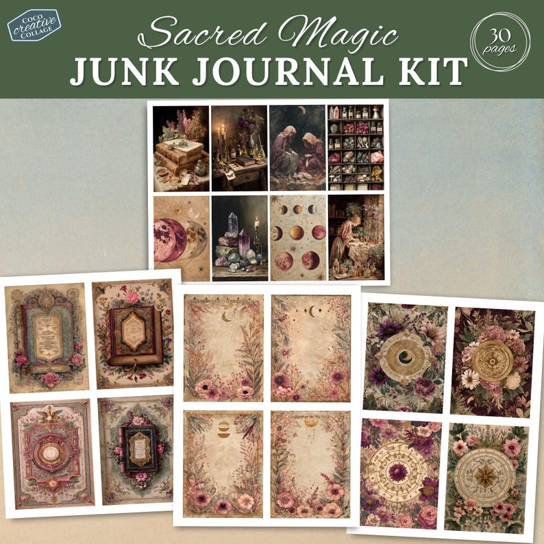 Sacred Magic Junk Journal Kit, Pagan Digital Scrapbook Paper, Green ...