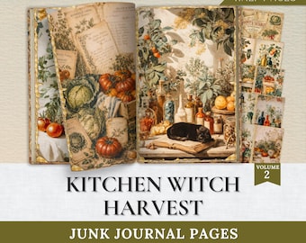 May include: A vintage-style junk journal with 16 half pages. The pages feature illustrations of vegetables, herbs, and bottles, with the text "Kitchen Witch Harvest" and "Junk Journal Pages". A black cat rests on a book.