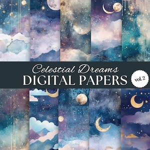 Celestial Dreams digitaal papier, grillige sterrenhemelpatronen, scrapbookpapier direct downloaden, junk Journal Galaxy en Moon-ontwerpen