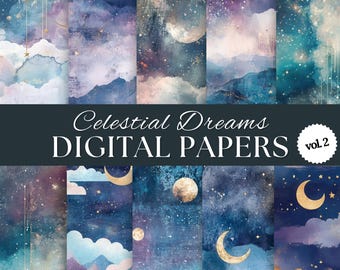 Papel digital Sueños Celestiales, Papel para álbum de recortes Luna Galaxia (Descarga digital)