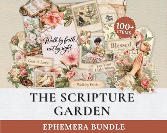 Scripture Garden Ephemera Bundle | KJV Faith Printable Tags Pockets Envelopes & Prayer Cards | Christian Junk Journal Kit
