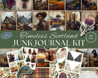 Timeless Scotland Junk Journal Kit, 29 Scottish Highlands Printable Pages, Vintage Ephemera, Tartan, Celtic, Travel, Highland Romance