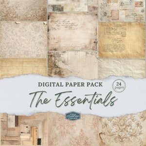 May include: A digital paper pack featuring a collage of vintage-style papers with aged textures and handwritten script. The pack includes 24 pages with the text "Digital Paper Pack" and "The Essentials".