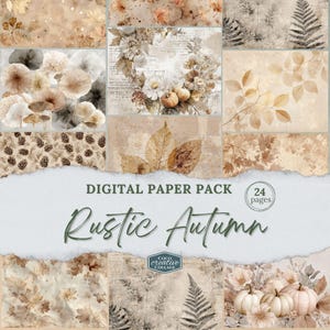 Può includere: Un pacchetto di carta digitale con tema autunnale rustico. L'immagine presenta varie carte decorate con motivi floreali, a foglie e strutturati in calde tonalità terrose. Il testo "Rustic Autumn" è visualizzato in un carattere corsivo.