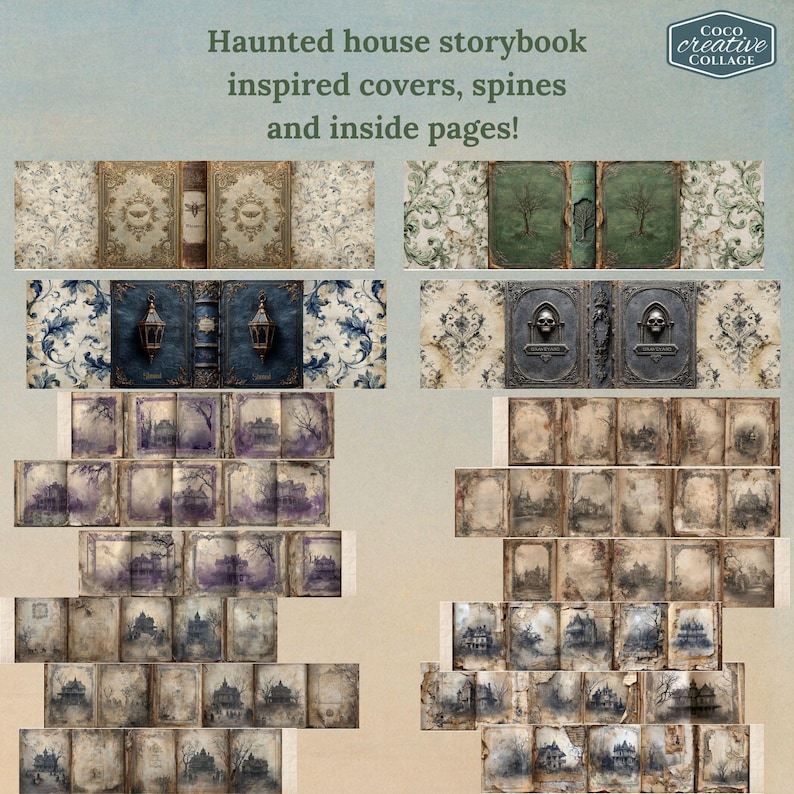 May include: Image of haunted house storybook inspired covers, spines, and inside pages. The image shows various book covers with ornate designs, including floral patterns, lanterns, and skull motifs. The inside pages feature illustrations of haunted houses and spooky landscapes.