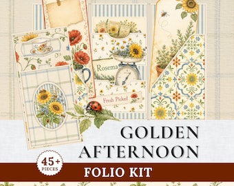 Golden Afternoon Junk Journal Folio Kit | Vintage Botanical Garden Printable | Sunflower & Poppy Ephemera | Bees Ladybugs | Digital Download