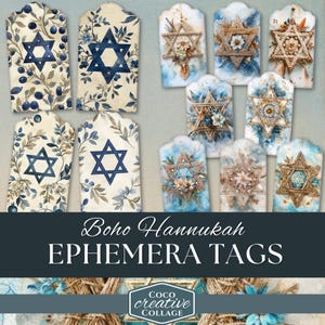 Boho Hannukah Holidays Junk Journal Tags, 12 blauw en drijfhout digitale afdrukbare ephemera, Davidster, cadeaulabel, papierwaren, judaica