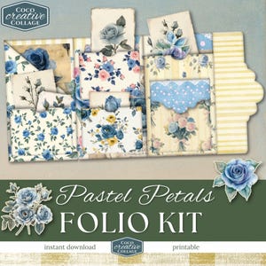 Blaue Rose Folio, Digital Kit Junk Journals, Shabby Chic zum Ausdrucken, Pastell Blumen Ephemera, Vintage Rosen Bastelbedarf, Scrapbook Gelb