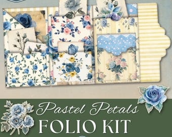 Blue Rose Folio, Digital Kit Junk Journals, Shabby Chic Printable, Pastel Floral Ephemera, Vintage Roses Crafting Supplies, Scrapbook Yellow