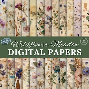 Kit de papel digital para jardim de prado de flores silvestres, páginas de diário de colagem digital botânica, scrapbooking de natureza vintage, flores prensadas