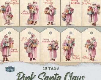 Pink Christmas Santa Favor Tags, Vintage Holiday Labels Printable (Digital Download)