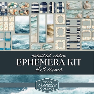 Kit de itens efêmeros de praia costeira, imprimíveis caprichosos do oceano, diário de praia em aquarela, pacote com 43 extras, suprimentos para scrapbooking