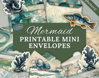 Mermaid Junk Journal Envelopes, Printable Ocean Ephemera Kit, Fantasy Tags, Digital Download for Scrapbooking, Vintage Mermaids Fussy Cuts