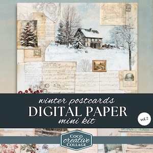 Mini kit vintage de cartes postales d'hiver éphémères, papiers pour journaux indésirables, collage numérique hiver France, pages imprimables, esthétique cottagecore