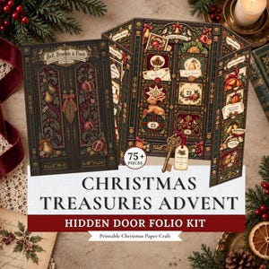 Op de afbeelding: Een Christmas Treasures Advent verborgen deur folio kit bestaande uit een donkere, gedetailleerde papieren knutselset met 75+ onderdelen. Het ontwerp bevat illustraties van deuren, fruit en een sleutel, met de tekst Bell, Bramble & Finch.