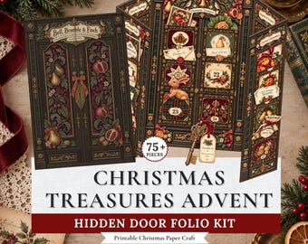 Vintage Christmas Advent Calendar Printable, 24 Pocket Cabinet Folio, Antique Ephemera, December Daily Junk Journal Craft Kit